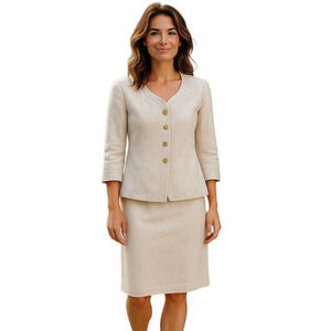 Vtg Giorgio Armani Italy Womens Skirt Suit Beige Jacquard Sz 50/16 Retro Classic